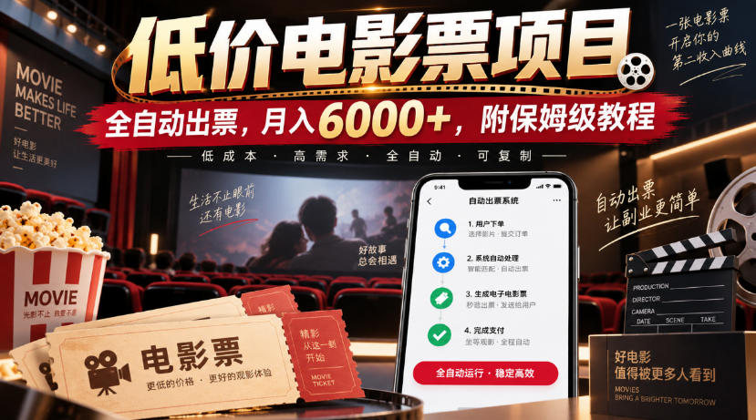 低价电影票项目，全自动出票，月入6000+，附保姆级教程【揭秘】-创业网 - 最新网络创业项目与实战营销教程平台 | cye.cc