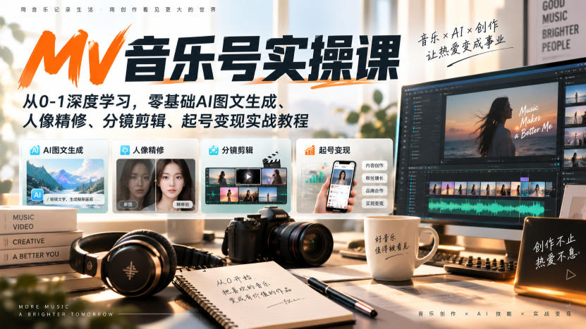 AI MV音乐号实操课，从0-1深度学习，零基础AI图文生成、人像精修、分镜剪辑、起号变现实战教程-创业网 - 最新网络创业项目与实战营销教程平台 | cye.cc