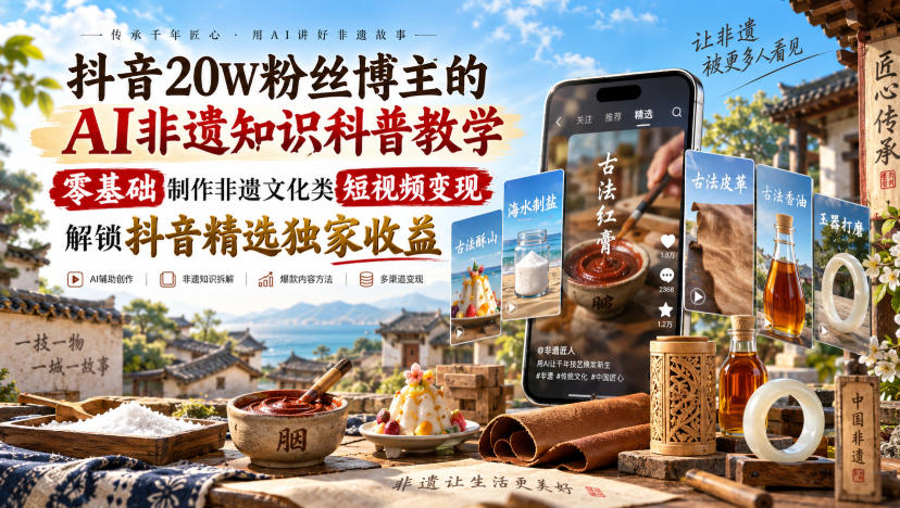 抖音20W粉丝博主的AI非遗知识科普教学，零基础制作非遗文化类短视频变现，解锁抖音精选独家收益-创业网 - 最新网络创业项目与实战营销教程平台 | cye.cc