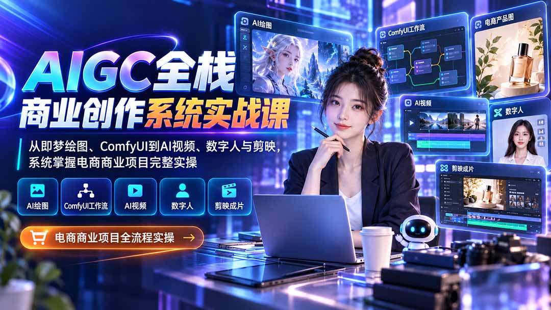 AIGC全栈商业创作系统实战课：从即梦绘图、ComfyUI到AI视频、数字人与剪映，系统掌握电商商业项目完整实操-创业网 - 最新网络创业项目与实战营销教程平台 | cye.cc