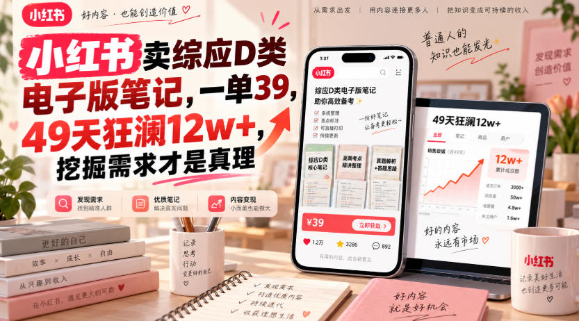 小红书卖综应D类电子版笔记，一单39，49天狂澜12w+，挖掘需求才是真理-创业网 - 最新网络创业项目与实战营销教程平台 | cye.cc