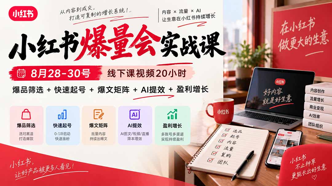 小红书爆量会实战课：8月28-30号线下课视频20小时，爆品筛选+快速起号+爆文矩阵+AI提效+盈利增长-创业网 - 最新网络创业项目与实战营销教程平台 | cye.cc