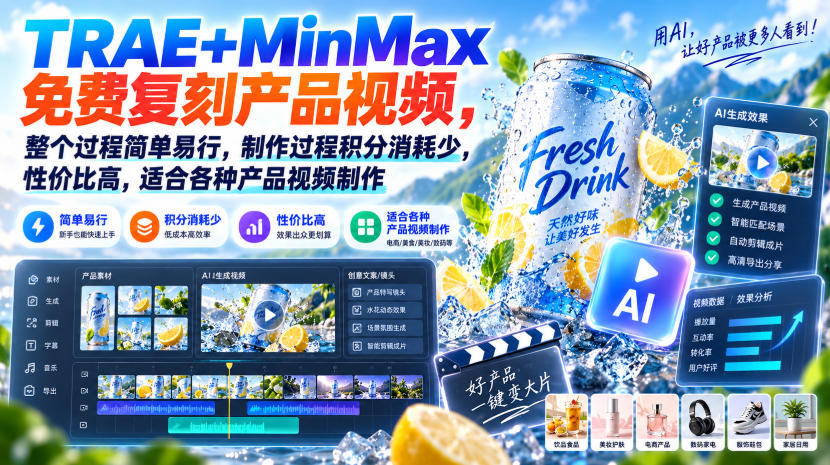 TRAE+MinMax免费复刻产品视频，整个过程简单易行，制作过程积分消耗少，性价比高，适合各种产品视频制作-创业网 - 最新网络创业项目与实战营销教程平台 | cye.cc