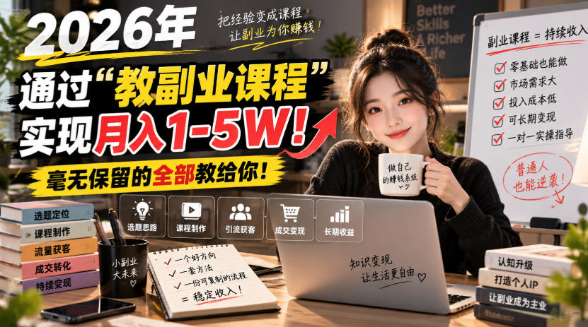 2026年通过“教副业课程”实现月入1-5W！毫无保留的全部教给你！【揭秘】-创业网 - 最新网络创业项目与实战营销教程平台 | cye.cc