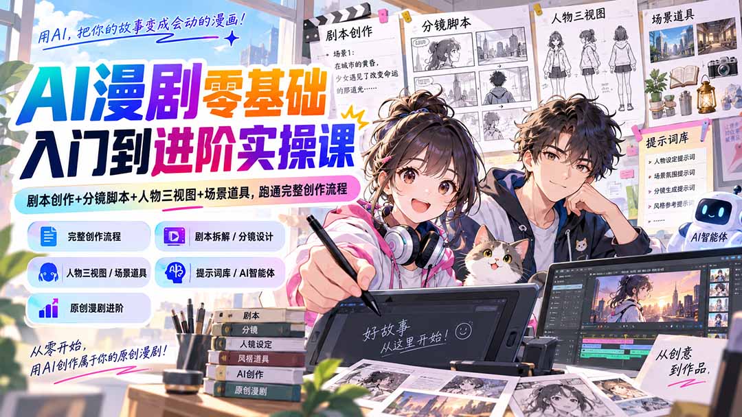 AI漫剧零基础入门到进阶实操课：剧本创作+分镜脚本+人物三视图+场景道具，跑通完整创作流程-创业网 - 最新网络创业项目与实战营销教程平台 | cye.cc