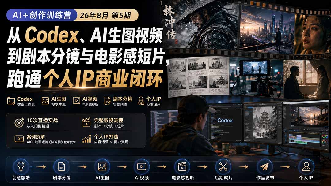 AI+创作训练营26年第5期-更新：从Codex、AI生图视频到剧本分镜与电影感短片，跑通个人IP商业闭环-创业网 - 最新网络创业项目与实战营销教程平台 | cye.cc