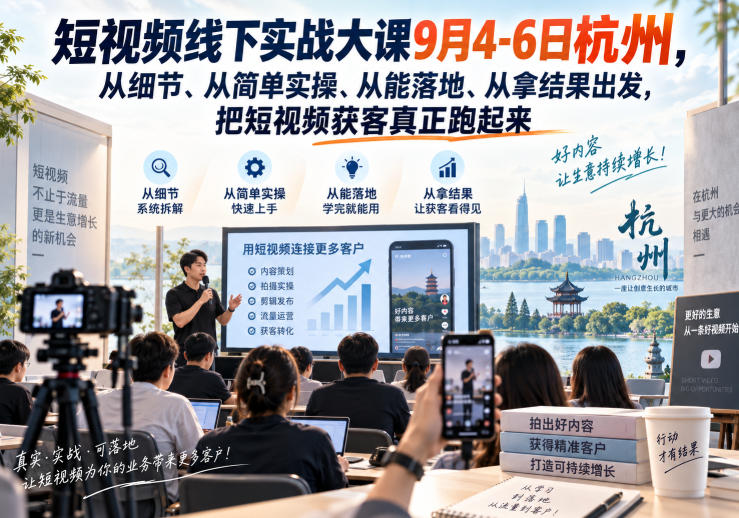 短视频线下实战大课9月4-6日杭州，从细节、从简单实操、从能落地、从拿结果出发，把短视频获客真正跑起来-创业网 - 最新网络创业项目与实战营销教程平台 | cye.cc