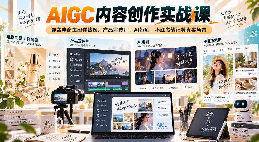 AIGC内容创作实战课，覆盖电商主图详情图、产品宣传片、AI短剧、小红书笔记等真实场景-创业网 - 最新网络创业项目与实战营销教程平台 | cye.cc