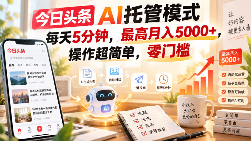今日头条AI托管模式，每天5分钟，最高月入5000+，操作超简单，零门槛【揭秘】-创业网 - 最新网络创业项目与实战营销教程平台 | cye.cc