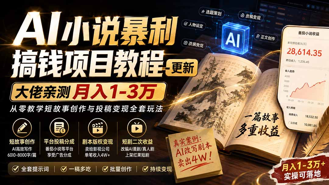 AI小说短故事暴利搞钱项目教程-更新，大佬亲测月入1-3万，从零教学短故事创作与投稿变现全套玩法-创业网 - 最新网络创业项目与实战营销教程平台 | cye.cc