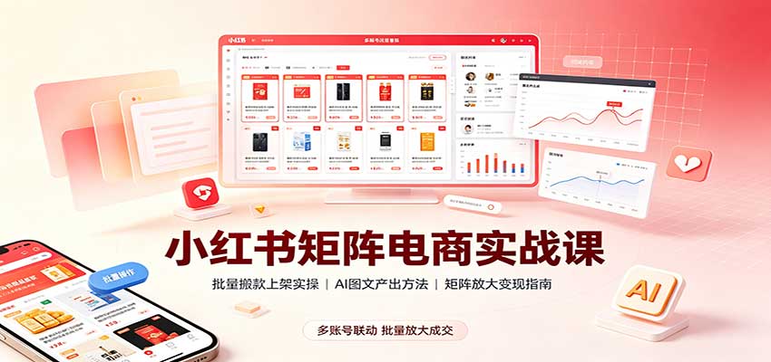 小红书矩阵电商实战课：批量搬款上架实操，AI图文产出，矩阵放大变现指南-创业网 - 最新网络创业项目与实战营销教程平台 | cye.cc