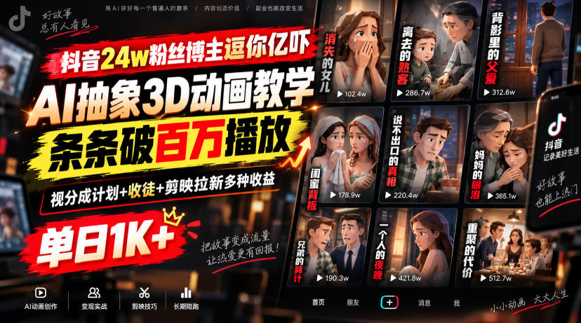 抖音24w粉丝博主逗你亿吓AI抽象3D动画教学，条条破百万播放，分成计划+收徒+剪映拉新多种收益，单日1K+-创业网 - 最新网络创业项目与实战营销教程平台 | cye.cc