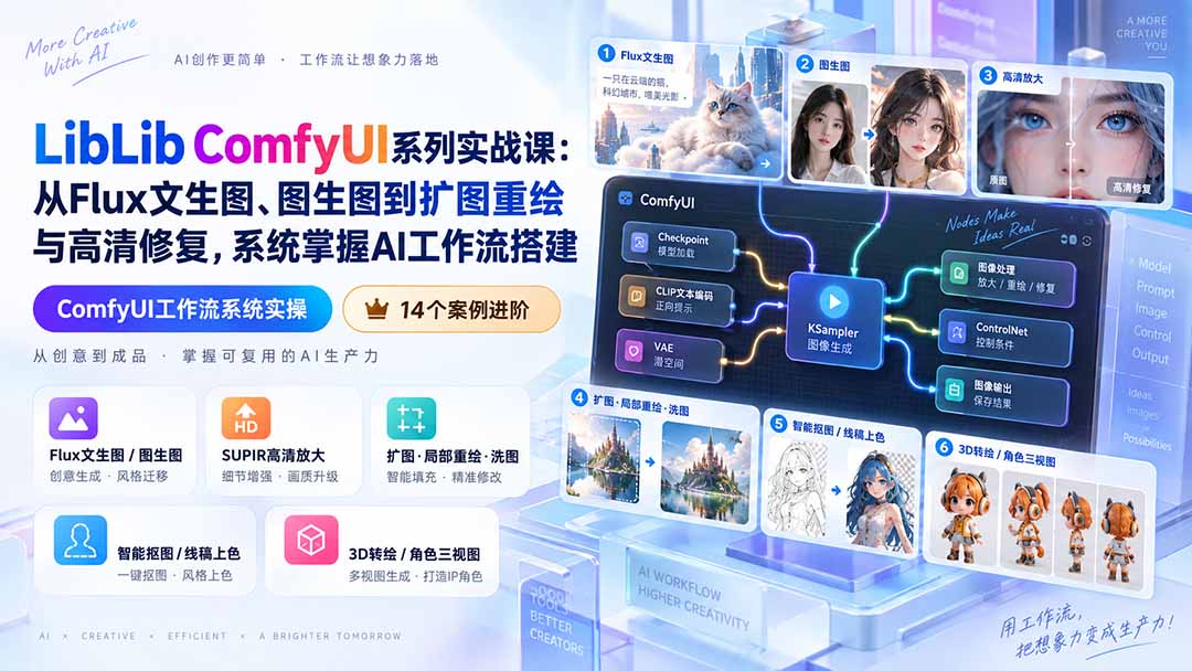 LibLib ComfyUI系列实战课：从Flux文生图、图生图到扩图重绘与高清修复，系统掌握AI工作流搭建-创业网 - 最新网络创业项目与实战营销教程平台 | cye.cc