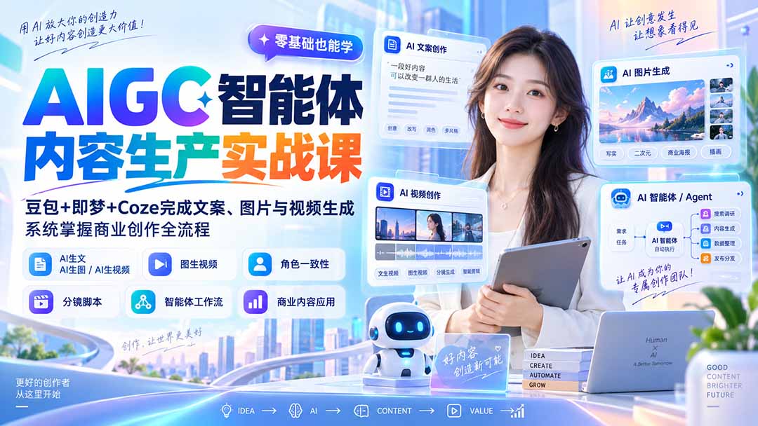 AIGC智能体内容生产实战课：豆包+即梦+Coze完成文案、图片与视频生成，系统掌握商业创作全流程-创业网 - 最新网络创业项目与实战营销教程平台 | cye.cc