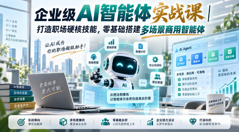 企业级AI智能体实战课｜打造职场硬核技能，零基础搭建多场景商用智能体-创业网 - 最新网络创业项目与实战营销教程平台 | cye.cc