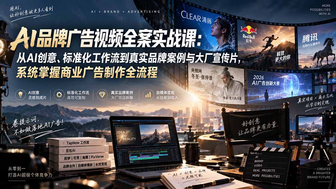 AI品牌广告视频全案实战课：从AI创意、标准化工作流到真实品牌案例与大厂宣传片，系统掌握商业广告制作全流程-创业网 - 最新网络创业项目与实战营销教程平台 | cye.cc