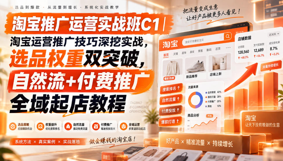 淘宝推广运营实战班C1｜淘宝运营推广技巧深挖实战，选品权重双突破，自然流+付费推广全域起店教程-创业网 - 最新网络创业项目与实战营销教程平台 | cye.cc