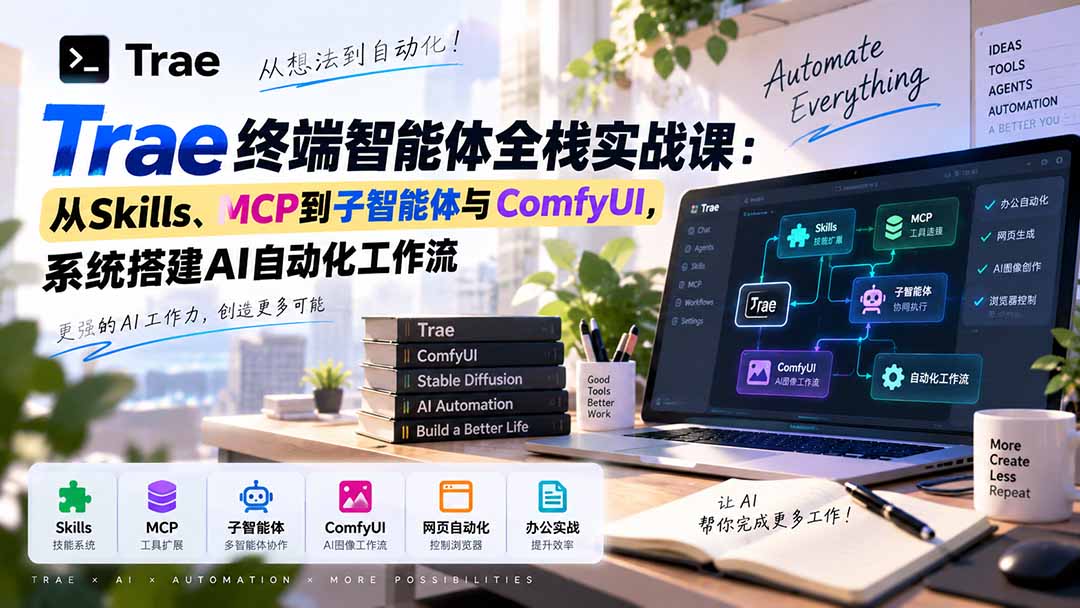 Trae终端智能体全栈实战课：从Skills、MCP到子智能体与ComfyUI，系统搭建AI自动化工作流-创业网 - 最新网络创业项目与实战营销教程平台 | cye.cc
