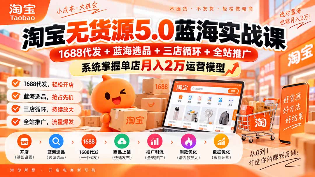 淘宝无货源5.0蓝海实战课-更新：1688代发+蓝海选品+三店循环+全站推广，系统掌握单店月入2万运营模型-创业网 - 最新网络创业项目与实战营销教程平台 | cye.cc