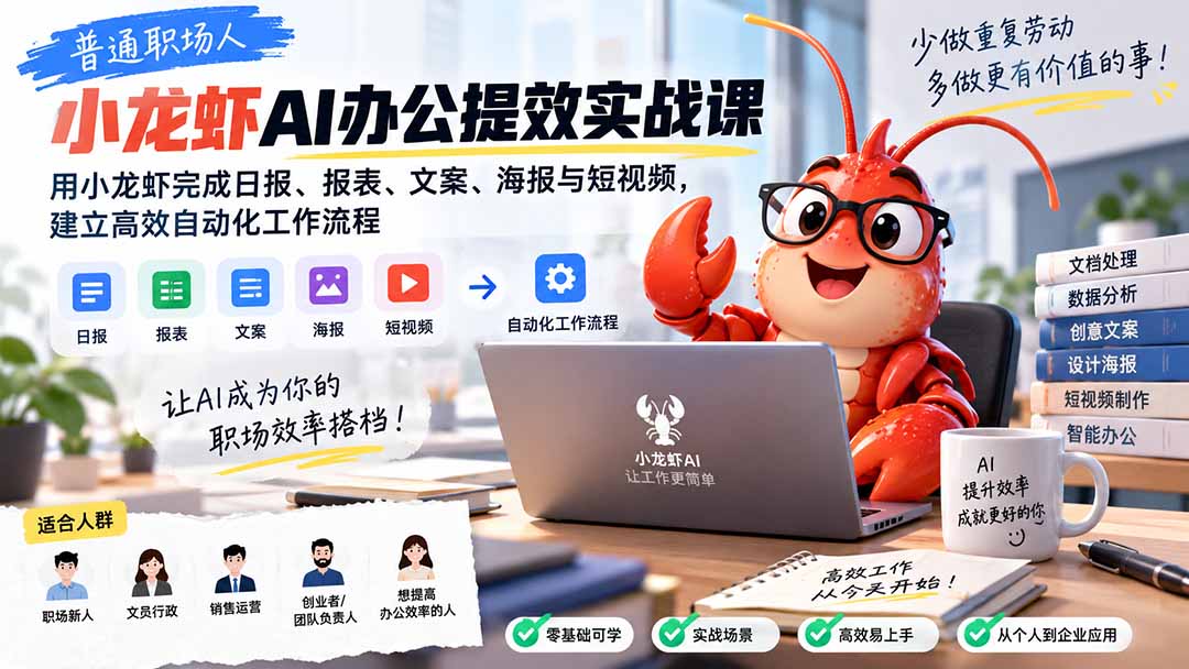 普通职场人AI办公提效实战课：用小龙虾完成日报、报表、文案、海报与短视频，建立高效自动化工作流程-创业网 - 最新网络创业项目与实战营销教程平台 | cye.cc
