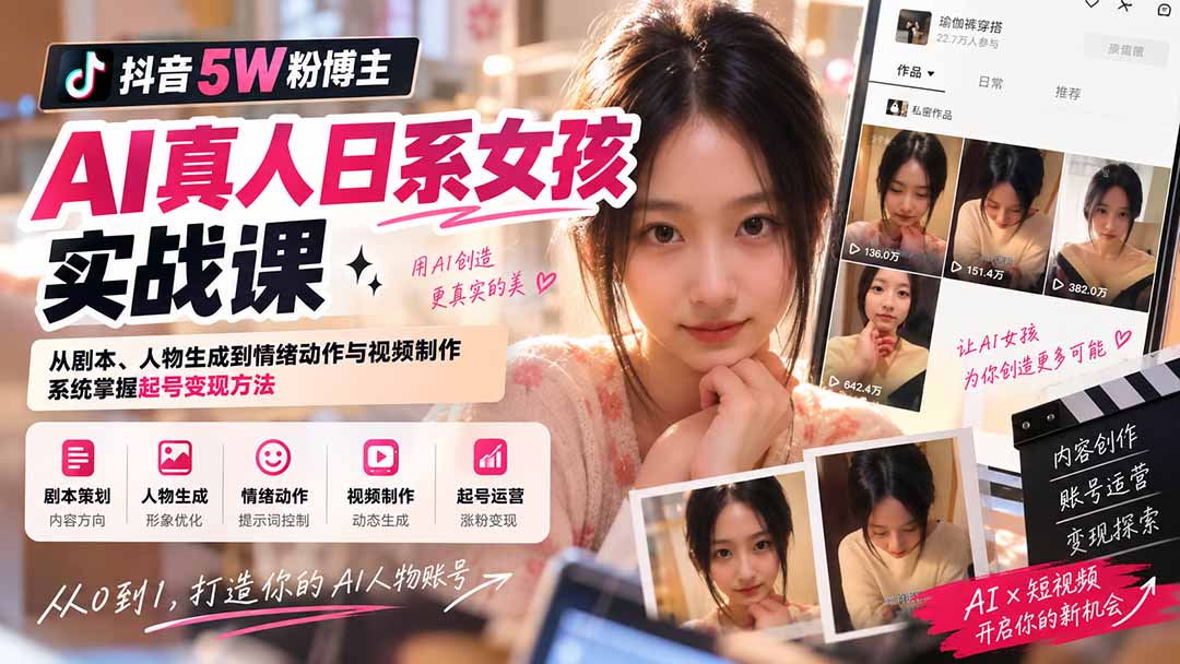 抖音5W粉博主AI真人日系女孩实战课：从剧本、人物生成到情绪动作与视频制作，系统掌握起号变现方法-创业网 - 最新网络创业项目与实战营销教程平台 | cye.cc