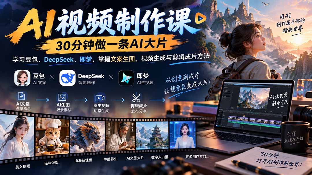 AI视频制作课-30分钟做一条AI大片：学习豆包、DeepSeek、即梦，掌握文案生图、视频生成与剪辑成片方法-创业网 - 最新网络创业项目与实战营销教程平台 | cye.cc
