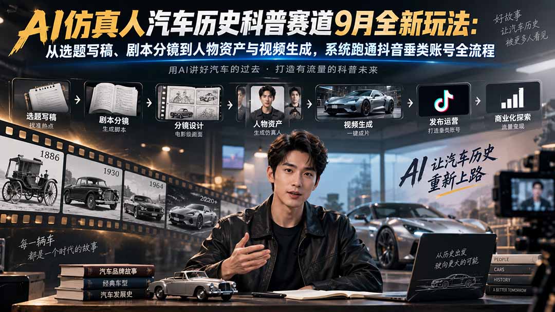 AI仿真人汽车历史科普赛道9月全新玩法：从选题写稿、剧本分镜到人物资产与视频生成，系统跑通抖音垂类账号全流程-创业网 - 最新网络创业项目与实战营销教程平台 | cye.cc
