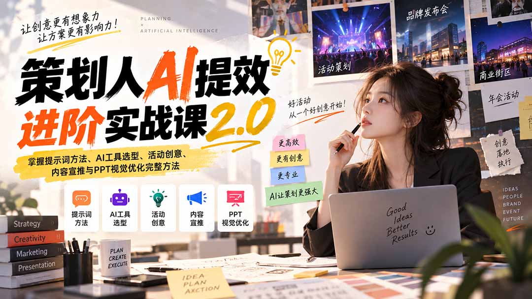 策划人AI提效进阶实战课2.0：掌握提示词方法、AI工具选型、活动创意、内容宣推与PPT视觉优化完整方法-创业网 - 最新网络创业项目与实战营销教程平台 | cye.cc