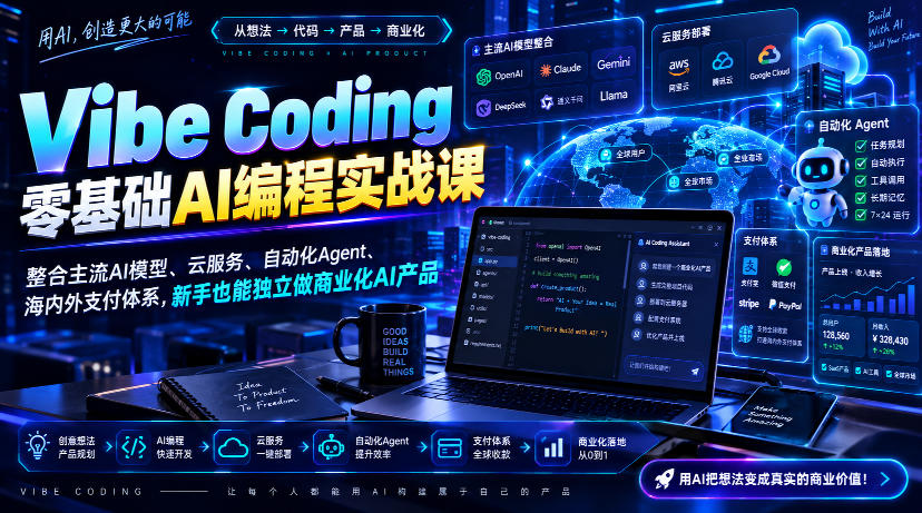 Vibe Coding零基础AI编程实战课-无水印，整合主流AI模型、云服务、自动化Agent、海内外支付体系，新手也能独立做商业化AI产品-创业网 - 最新网络创业项目与实战营销教程平台 | cye.cc