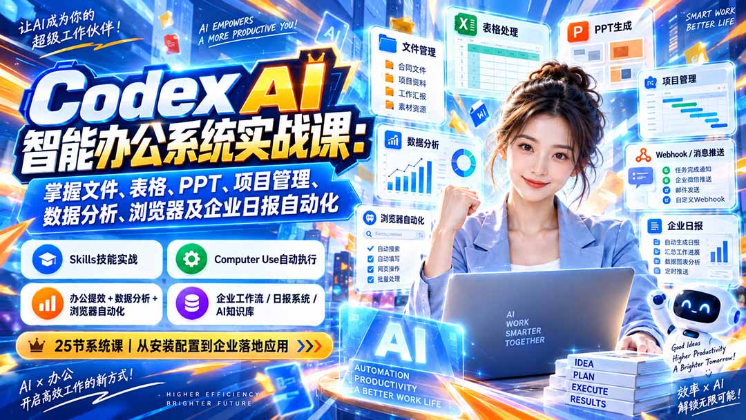 Codex AI智能办公系统实战课：掌握文件、表格、PPT、项目管理、数据分析、浏览器及企业日报自动化-创业网 - 最新网络创业项目与实战营销教程平台 | cye.cc