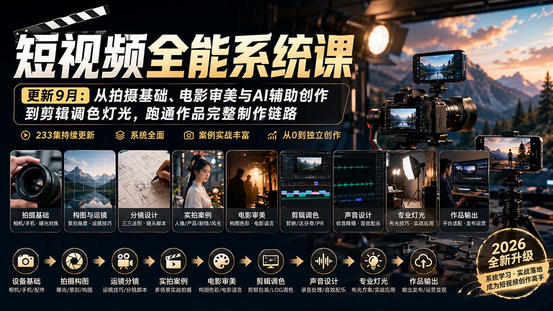 短视频全能系统课-9月完整版：从拍摄基础、电影审美与AI辅助创作到剪辑调色灯光，跑通作品完整制作链路-创业网 - 最新网络创业项目与实战营销教程平台 | cye.cc