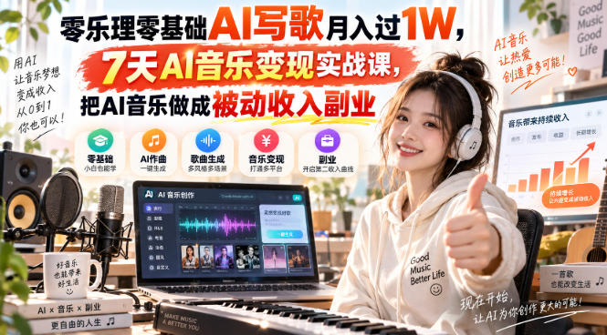 零乐理零基础AI写歌月入过1W，7天AI音乐变现实战课，把AI音乐做成被动收入副业-创业网 - 最新网络创业项目与实战营销教程平台 | cye.cc