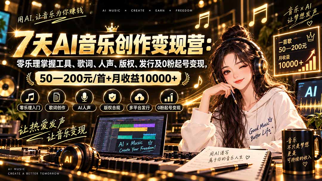 AI音乐创作变现营：零乐理掌握工具、歌词、人声、版权、发行及0粉起号变现，50—200元/首+月收益10000+-创业网 - 最新网络创业项目与实战营销教程平台 | cye.cc