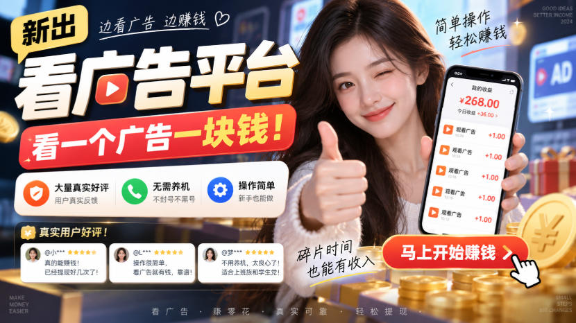 新出看广告平台，看一个广告一块钱，大量真实好评！无需养机、不会黑号，操作简单【揭秘】-创业网 - 最新网络创业项目与实战营销教程平台 | cye.cc