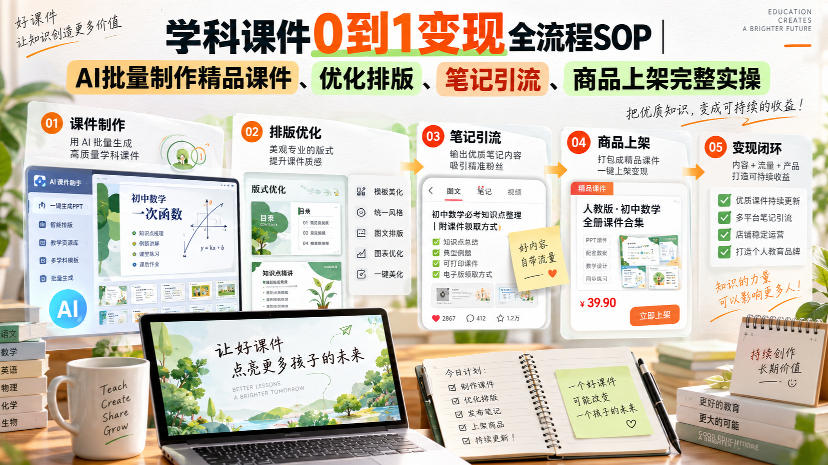学科课件0到1变现全流程SOP｜AI批量制作精品课件、优化排版、笔记引流、商品上架完整实操​-创业网 - 最新网络创业项目与实战营销教程平台 | cye.cc