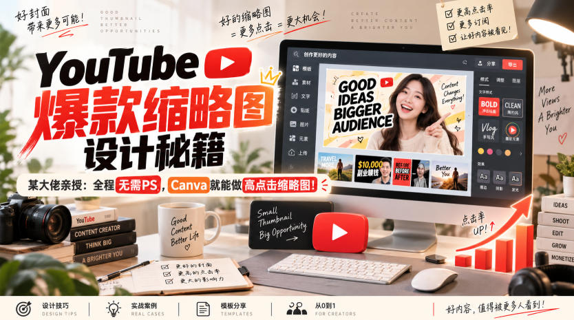 YouTube爆款缩略图设计秘籍，某油管大佬(610万订阅者)亲授，全程无需PS，Canva就能做高点击缩略图！【原创双语字幕】-创业网 - 最新网络创业项目与实战营销教程平台 | cye.cc