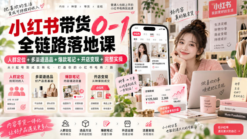 小红书带货0-1全链路落地课｜人群定位+多渠道选品+爆款笔记+开店变现完整实操-创业网 - 最新网络创业项目与实战营销教程平台 | cye.cc