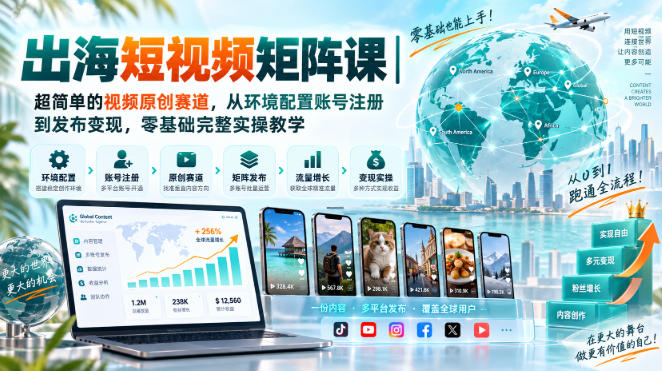 出海短视频矩阵课｜超简单的视频原创赛道，从环境配置账号注册到发布变现，零基础完整实操教学-创业网 - 最新网络创业项目与实战营销教程平台 | cye.cc