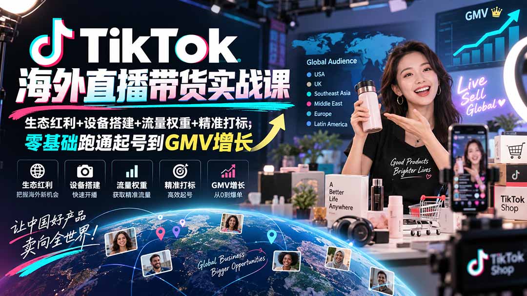 TikTok海外直播带货实战课｜生态红利+设备搭建+流量权重+精准打标，零基础跑通起号到GMV增长-创业网 - 最新网络创业项目与实战营销教程平台 | cye.cc