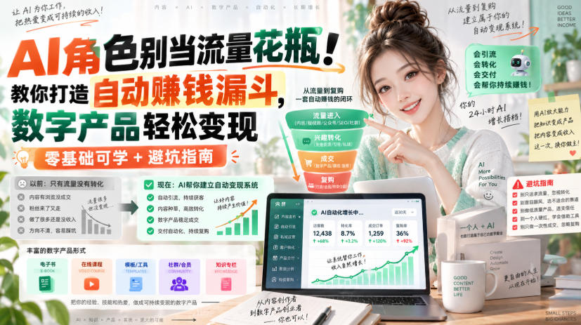 AI角色别当流量花瓶！教你打造自动賺钱漏斗，数字产品轻松变现(零基础可学+避坑指南)【原创双语字幕】-创业网 - 最新网络创业项目与实战营销教程平台 | cye.cc