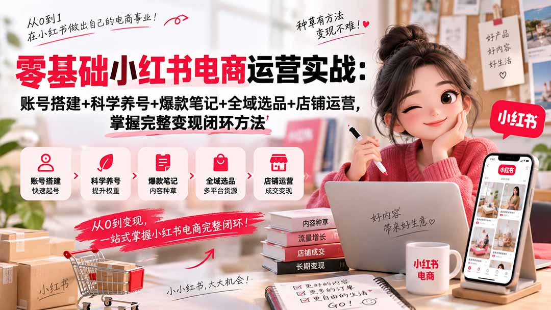 零基础小红书电商运营实战：账号搭建+科学养号+爆款笔记+全域选品+店铺运营，掌握完整变现闭环方法-创业网 - 最新网络创业项目与实战营销教程平台 | cye.cc