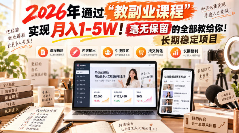 2026年通过“教副业课程”实现月入1-5W！毫无保留的全部教给你！长期稳定项目-创业网 - 最新网络创业项目与实战营销教程平台 | cye.cc