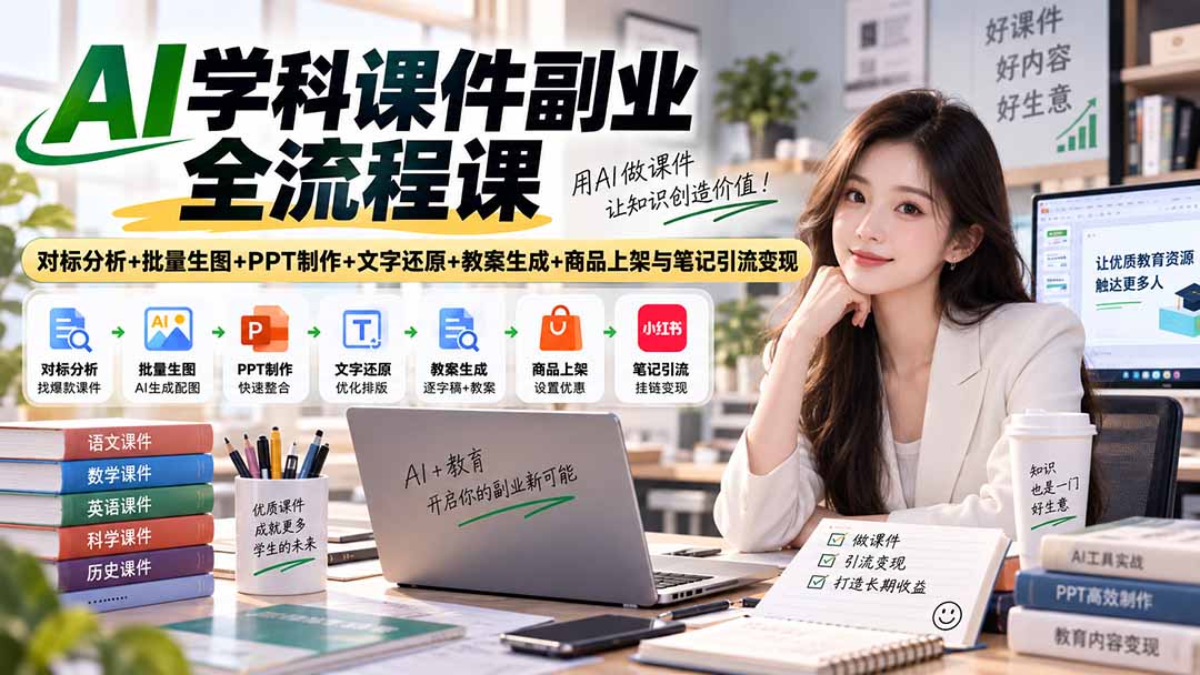 AI学科课件副业全流程课｜对标分析+批量生图+PPT制作+文字还原+教案生成+商品上架与笔记引流变现-创业网 - 最新网络创业项目与实战营销教程平台 | cye.cc