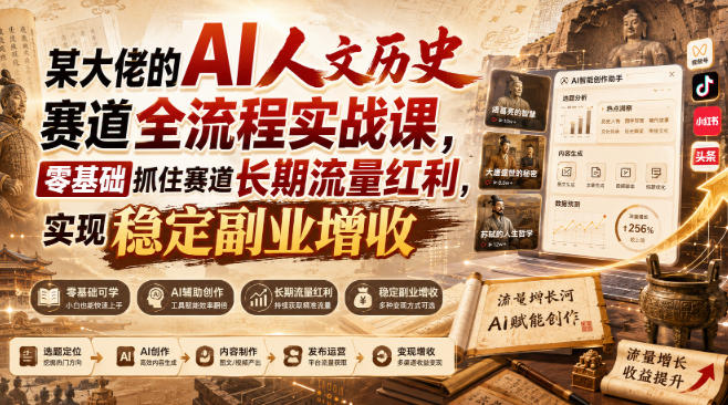 某大佬的AI人文历史赛道全流程实战课，零基础抓住赛道长期流量红利，实现稳定副业增收(更新)-创业网 - 最新网络创业项目与实战营销教程平台 | cye.cc