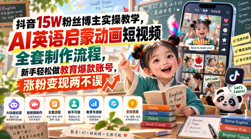 抖音15W粉丝博主实操教学，AI英语启蒙动画短视频全套制作流程，新手轻松做教育爆款账号，涨粉变现两不误-创业网 - 最新网络创业项目与实战营销教程平台 | cye.cc
