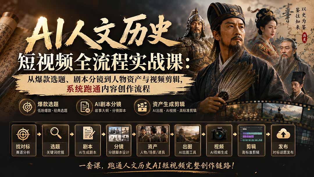 AI人文历史短视频全流程实战课-更新：从爆款选题、剧本分镜到人物资产与视频剪辑，系统跑通内容创作流程-创业网 - 最新网络创业项目与实战营销教程平台 | cye.cc
