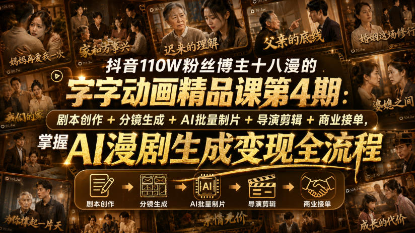 抖音110W粉丝博主十八漫的字字动画精品课第4期：剧本创作+分镜生成+剪辑+商业接单，掌握AI漫剧生成变现全流程(更新0916)-创业网 - 最新网络创业项目与实战营销教程平台 | cye.cc