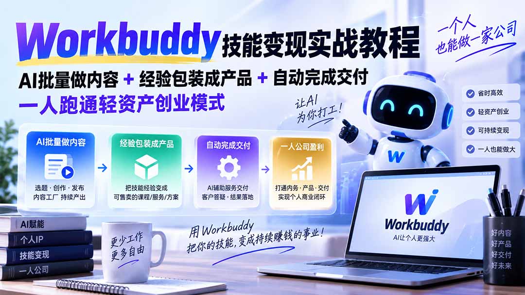 Workbuddy技能变现实战教程：AI批量做内容+经验包装成产品+自动完成交付，一人跑通轻资产创业模式-创业网 - 最新网络创业项目与实战营销教程平台 | cye.cc