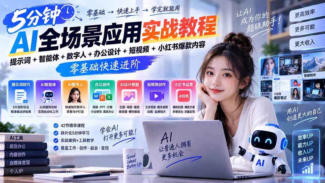 AI全场景应用实战教程｜提示词+智能体+数字人+办公设计+短视频+小红书爆款内容，零基础快速进阶-创业网 - 最新网络创业项目与实战营销教程平台 | cye.cc