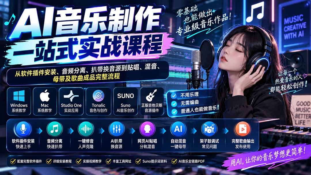 AI音乐制作一站式实战课程：从软件插件安装、音频分离、扒带换音源到贴唱、混音、母带及歌曲成品完整流程-创业网 - 最新网络创业项目与实战营销教程平台 | cye.cc